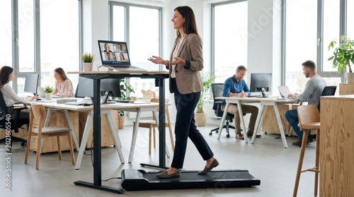Businesswoman leading a video conference on her laptop while walking on an under desk treadmill