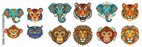 Photos Set and collection of colorful hand drawn elephant heads isolated on white backg