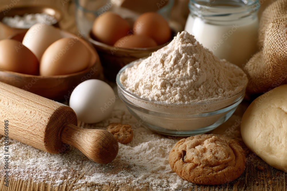 Fototapeta premium Baking ingredients including eggs, flour, milk, dough, and a rolling pin on a rustic wooden surface.