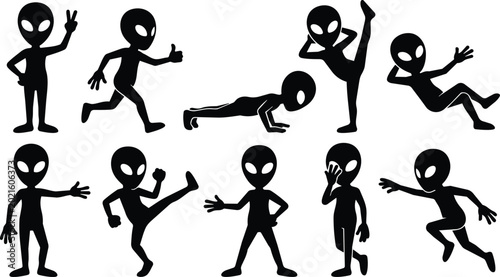 Silhouette alien characters in ten playful poses including pushup high kick and thumbs up