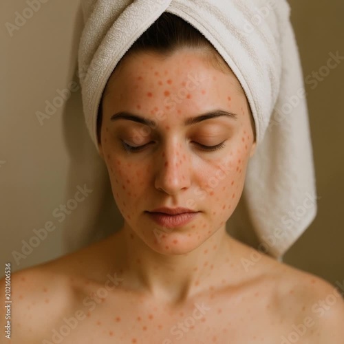 Young woman with skin condition relaxing at home after shower  
