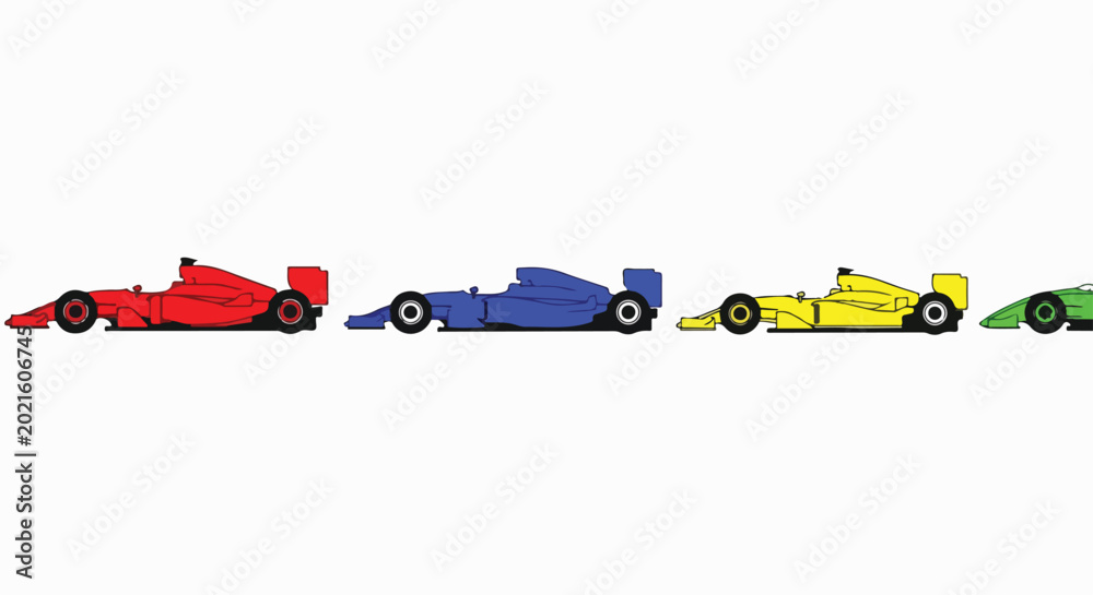 Fototapeta premium Four colorful Formula 1 racing cars in a row, representing competition and speed on a white background.
