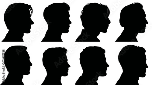 Photography A group of eight black silhouette profiles of men, presented in two rows, with their heads and shoulders facing sideways against a white background