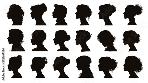 Foto A grid of twenty black silhouette profiles, portraying a diverse array of male and female individuals with varied hairstyles and facial outlines