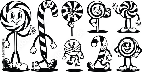 Black and white retro candy characters smiling walking candy cane and lollipop mascots for christmas