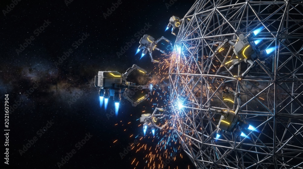 Obraz premium Swarm of automated robotic drones welding and constructing a giant wireframe megastructure in outer space