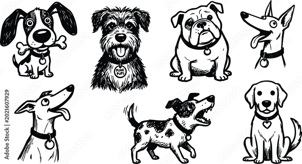 Obraz premium Black and white cartoon dogs set eight playful breeds in line art