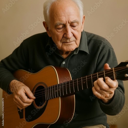 Elderly man playing acoustic guitar while sitting indoors  
