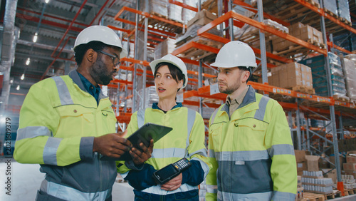Fotografie African American male worker explaining task and using tablet device