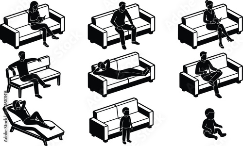Black and white vector people sitting and reclining on sofas and lounge chairs in various poses