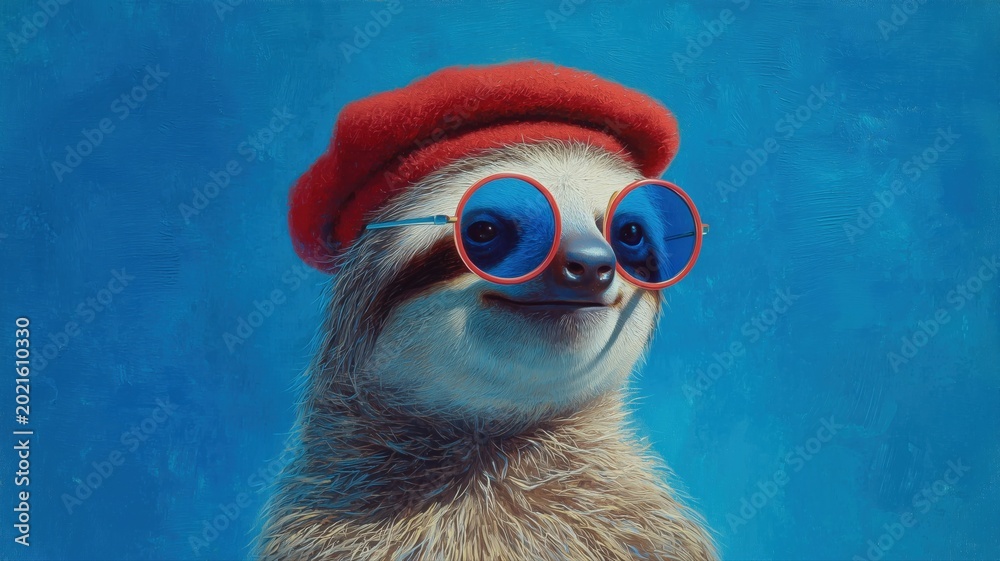 Fototapeta premium 赤いベレー帽と青いサングラスをかけたナマケモノの肖像画。ユニークな動物キャラクターのイラスト素材