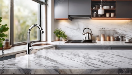 white marble countertop with grey veining in modern kitchen blurred cafe background shows stainless steel sink faucet window clean tabletop surface for product display luxury interior design