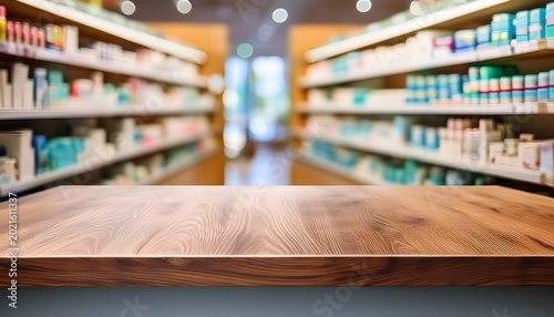 a pharmacy counter on a table with blurred drug shelves in the background of the store for assembling a medical product