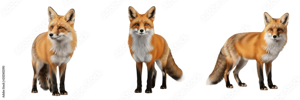 Naklejka premium Realistic Red Fox Standing Alert and Looking Forward Isolated on White Background for Wildlife Nature Education and Forest Animal Wildlife Visuals