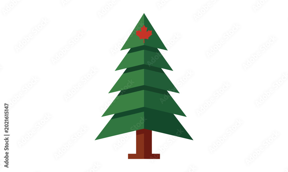Fototapeta premium Minimalist christmas tree vector illustration with a red maple leaf on top.