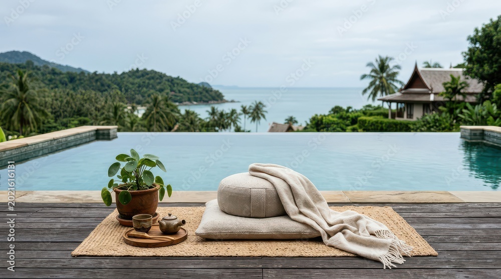 Obraz premium Infinity pool view with floor cushion blanket plant and tea set