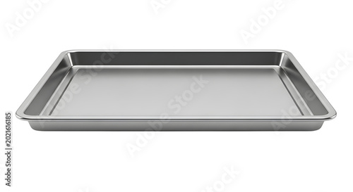 Stainless steel baking sheet, professional aluminum oven tray for cooking, empty metallic kitchenware pan isolated on white background
