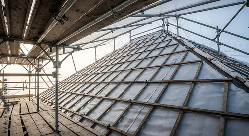 Industrial Metal Scaffolding Roof System with Protective Weatherproof Covering and Wooden Framework for Safe Building Renovation and Construction Site Maintenance