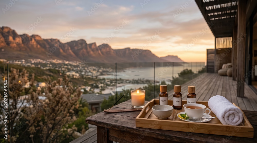 Fototapeta premium Spa tray with essential oil bottles tea towel and candle on wooden terrace