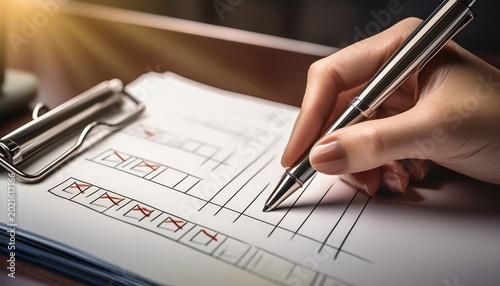 business checklist execution close up of hand marking tasks as complete with pen on paper
