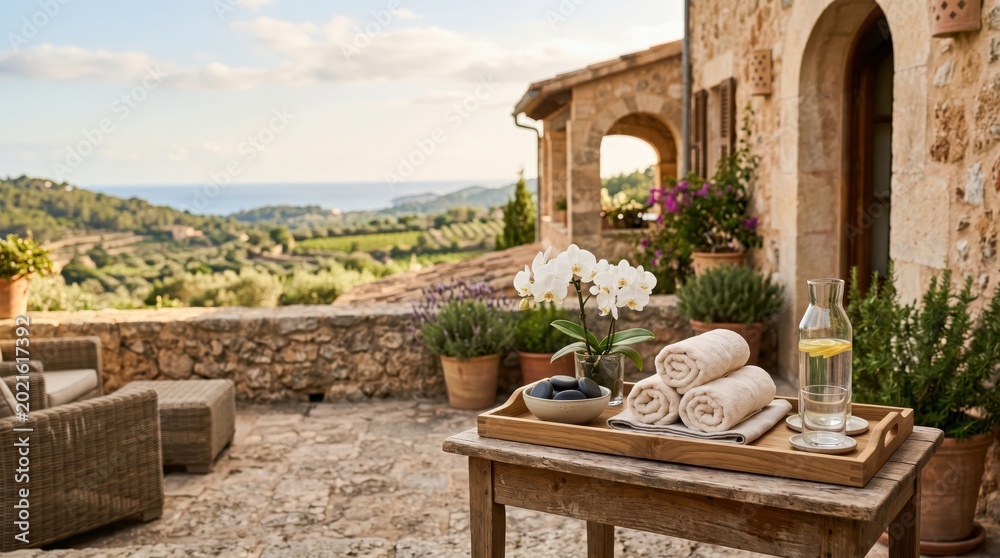 Obraz premium Mediterranean courtyard table with orchids towels and coastal landscape