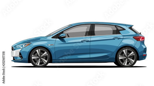 Blue Hyundai i20 Hatchback Car Side View.