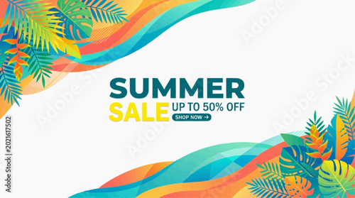 Abstract Summer Sale Vector Banner with Tropical Leaves and Copy Space