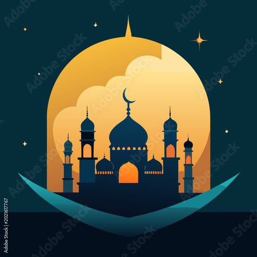 Schilderij op canvas Silhouette of mosque with crescent moon and worshippers during Ramadan night