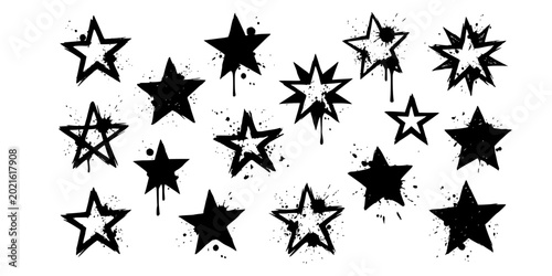 grunge black stars set, textured hand drawn star icons with rough paint splatter effect
