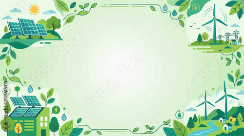 Eco Green Energy Vector Banner with Solar and Wind Icons Copy Space