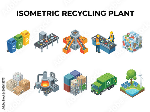 Industrial isometric recycling plant with various equipment and machinery for waste management and sustainability