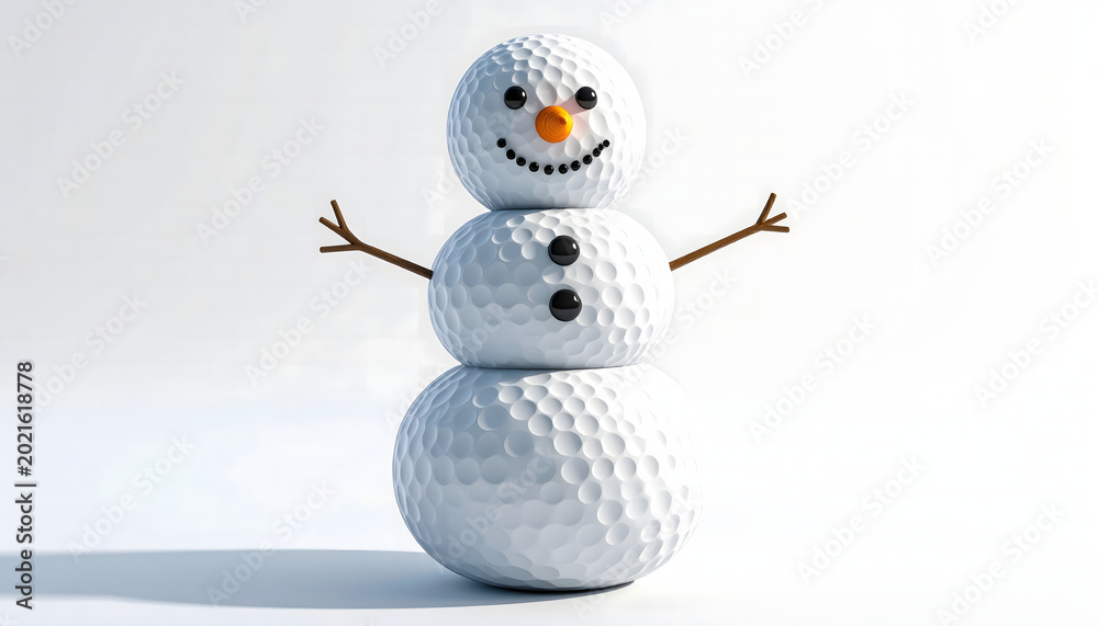 Obraz premium A whimsical snowman crafted entirely from three stacked white golf balls, adorned with tiny twig arms and black ball eyes, a carrot nose, and a cheerful smile