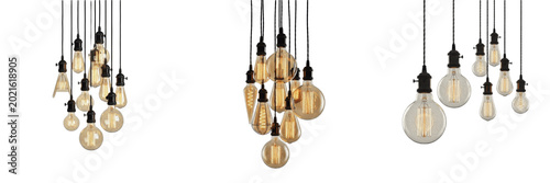 Tableau sur toile Isolated Vintage Edison Light Bulbs Chandelier Set Hanging Industrial Filament L