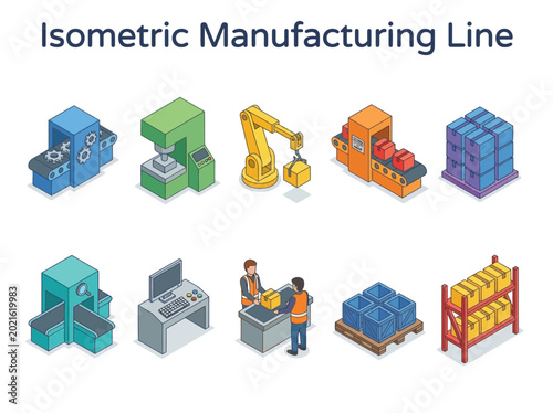 Isometric illustration of a modern industrial manufacturing line with machinery and robotic arms