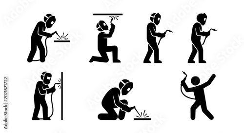 Welder Icon Set: Industrial Worker Poses, Metal Fabrication, Safety Gear