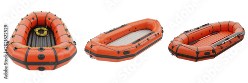 Billede på lærred Orange inflatable boat dinghy life raft premium PNG stock photo, realistic rubbe