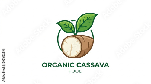 Organic Cassava Root with Green Leaves Logo.