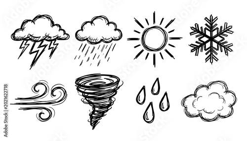 Weather symbols sketch set, thunderstorm, rain, sun, snowflake, wind, tornado, raindrops, cloud vector illustration