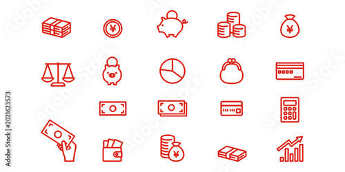 Editable line icons representing money and the economy.