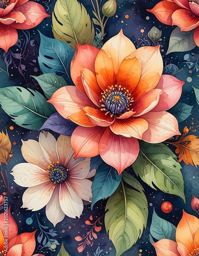 Vibrant flowers with green leaves background.