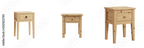 Wooden nightstand bedside table furniture premium PNG stock photo, realistic classic timber drawer cabinet mockup isolated on white background asset
