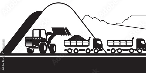 Earth mover loading dump trucks for different industries - vector illustration