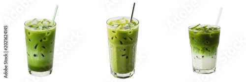 Matcha green tea latte glass premium PNG stock photo, realistic iced herbal beverage with straw isolated on white transparent background design asset
