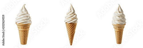 Soft serve vanilla ice cream cone premium PNG stock photo, realistic sweet dairy dessert waffle cone isolated on white transparent background asset