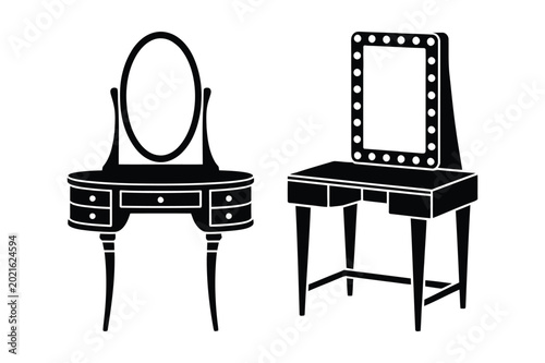 Two dressing tables with oval and rectangular mirrors vanity desks vector