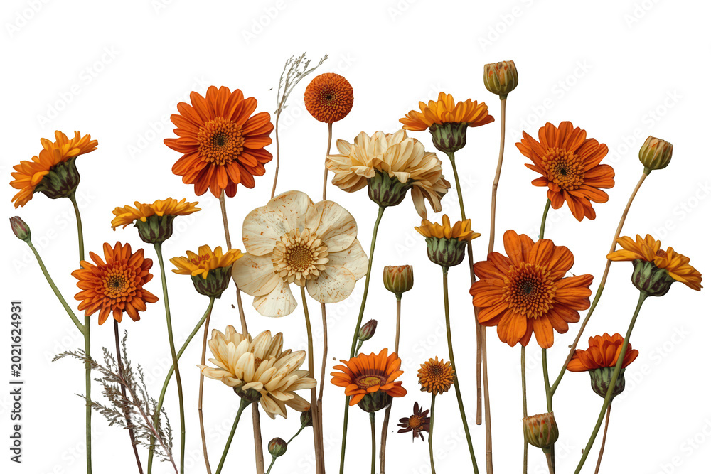 Fototapeta premium Autumnal floral arrangement featuring orange and white dried gerbera daisy flowers with transparent background