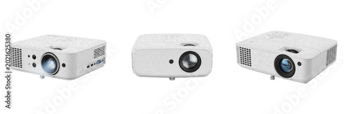 Digital projector white premium PNG stock photo, realistic home theater electronic equipment multimedia device isolated on white transparent background