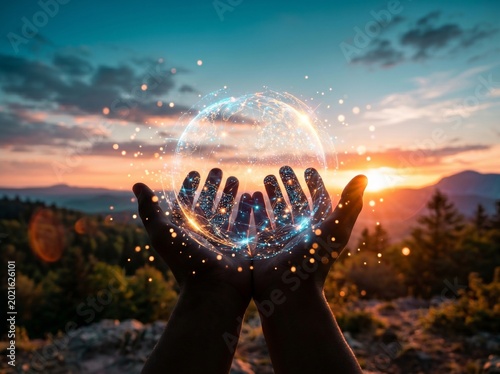 Man hands holding global network and data customer connection on nature background.