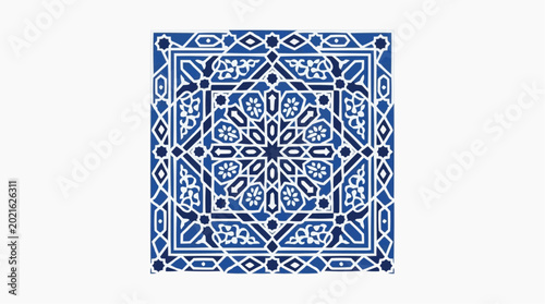Intricate Blue and White Geometric Islamic Pattern Tile
