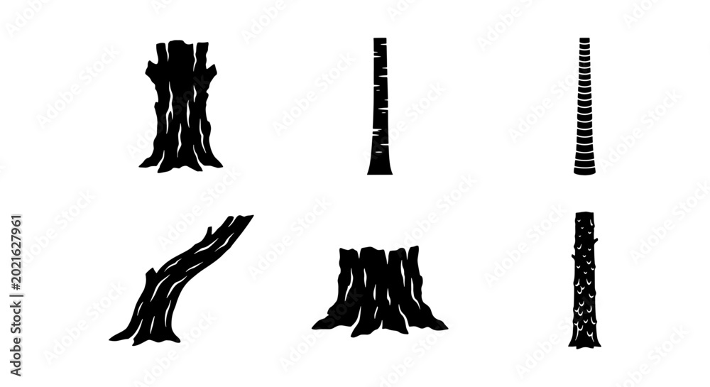 Fototapeta premium Tree Trunk Silhouettes, Wood Textures, Forest Elements, Nature Icons